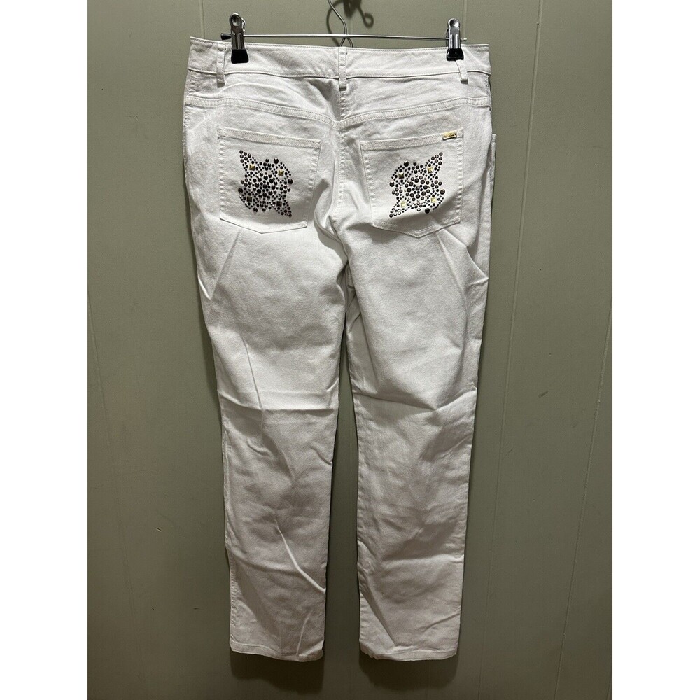 St. John White Pants Dress Jeans Straight Leg Women's Size 6 Bejeweled Pockets